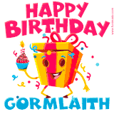 A vibrant and funny gift box character with a happy face dancing with a cupcake and the text 'Happy Birthday Gormlaith,' surrounded by animated confetti and party vibes.