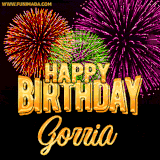 A golden 'Happy Birthday Gorria' message with vibrant fireworks in the background, creating a festive and celebratory vibe in this animated name GIF.