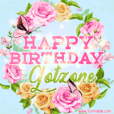 A charming animated GIF featuring 'Happy Birthday Gotzone' in pink and green text, surrounded by delicate roses, leaves, and fluttering butterflies on a soft light blue pastel background.