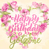 A stunning heart made of pink roses surrounds the elegant script text 'Happy Birthday Gotzone' on a soft beige background. Animated sparkles add a magical and festive feel.