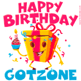 A vibrant and funny gift box character with a happy face dancing with a cupcake and the text 'Happy Birthday Gotzone,' surrounded by animated confetti and party vibes.