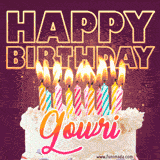 A colorful birthday cake topped with lit candles, with the words 'Happy Birthday Gowri' in bold glowing letters on a burgundy background. Animated flames add a festive touch.