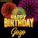A golden 'Happy Birthday Gozo' message with vibrant fireworks in the background, creating a festive and celebratory vibe in this animated name GIF.
