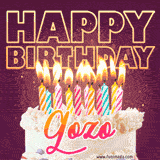 A colorful birthday cake topped with lit candles, with the words 'Happy Birthday Gozo' in bold glowing letters on a burgundy background. Animated flames add a festive touch.