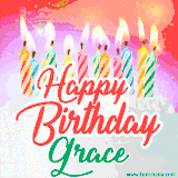 Bright birthday candles with rainbow flames on a cake, alongside the text 'Happy Birthday Grace' in vibrant script in this celebratory animated GIF.