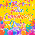 A bright and festive GIF with the text 'Feliz Cumpleaños Grace' in Spanish in colorful fonts, surrounded by confetti, balloons, and festive banners on a vibrant yellow background.