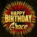 Golden 'Happy Birthday Grace' text accompanied by animated rainbow fireworks for a festive animated greeting.