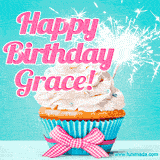 A festive cupcake with pink icing, a gingham bow, and a lit animated sparkler, paired with 'Happy Birthday Grace!' in bright pink text.