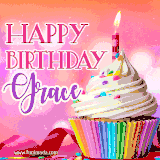 A vibrant birthday GIF featuring a rainbow-colored cupcake topped with white frosting, sprinkles, and a lit candle. The text reads 'Happy Birthday Grace' in bold pink and violet letters with white outline.