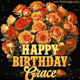 Animated bouquet of orange roses with moving butterfles and golden 'Happy Birthday Grace' text, surrounded by sparkling accents and a dark backdrop for a luxurious feel.
