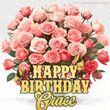 Golden 'Happy Birthday Grace' text beneath a vibrant bouquet of orange roses, complete with glittering butterflies and sparkling details.