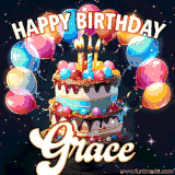 Bright birthday animation for Grace with a chocolate cake, candles, balloons, and glowing celebratory lights.