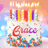 A cheerful white birthday cake with multicolor sprinkles, lit candles, and 'Grace' written in vibrant letters, in an animated GIF.