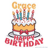 Cartoon birthday cake with a red bow, glowing candles, and 'Grace Happy Birthday' text in bold animated style.