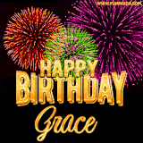 A golden 'Happy Birthday Grace' message with vibrant fireworks in the background, creating a festive and celebratory vibe in this animated name GIF.