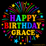 Personalized greeting card with name, colorful text that says 'Happy Birthday Grace' surrounded by animated fireworks and multicolor stars