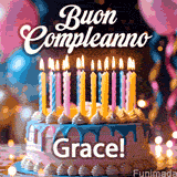 Birthday cake topped with pink and yellow lit candles, surrounded by glowing bokeh lights and party balloons. The greeting 'Buon Compleanno Grace GIF!' is displayed.