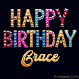 Vibrant luxury birthday greeting card for Grace, showing glittering gemstone letters and golden calligraphy on a dark background with twinkling shine effects.