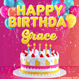 Pink-themed animated greeting with balloons, confetti, and a frosted cake under the message 'Happy Birthday Grace' in bold rounded yellow font.