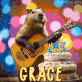 Animated birthday GIF showing a capybara playing guitar and singing beside a birthday cake with the name Grace in large letters and colorful bokeh lights in the background.
