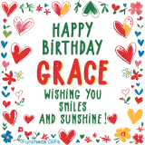 A colorful animated card for Grace’s birthday featuring playful hearts, cheerful flowers, and a handwritten message wishing smiles and sunshine.