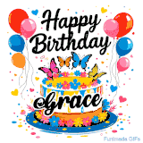 An animated birthday card for Grace. It features a festive cake with her name, 'Grace', and colorful butterflies. Floating balloons and hearts complete the joyful scene.