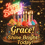 Custom birthday ecard for Grace showing a gourmet chocolate cake on a dark background with golden star sparkles.
