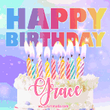A vibrant animated name GIF with the words 'Happy Birthday Grace' with colorful candles on a creamy cake. The background sparkles with pastel shades, adding a festive touch.