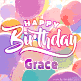 A vibrant name GIF featuring colorful balloons in shades of pink, orange, and yellow with the bold text 'Happy Birthday Grace' in festive fonts, creating a lively birthday vibe.
