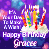 A colorful birthday GIF for Gracee featuring a cupcake with vibrant lit candles and the text 'It's Your Day to Make a Wish! Happy Birthday Gracee' in bold letters on a festive purple background.