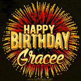 Golden 'Happy Birthday Gracee' text accompanied by animated rainbow fireworks for a festive animated greeting.