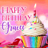 A vibrant birthday GIF featuring a rainbow-colored cupcake topped with white frosting, sprinkles, and a lit candle. The text reads 'Happy Birthday Gracee' in bold pink and violet letters with white outline.