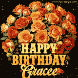 Animated bouquet of orange roses with moving butterfles and golden 'Happy Birthday Gracee' text, surrounded by sparkling accents and a dark backdrop for a luxurious feel.