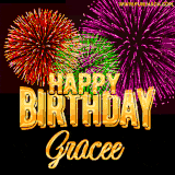 A golden 'Happy Birthday Gracee' message with vibrant fireworks in the background, creating a festive and celebratory vibe in this animated name GIF.