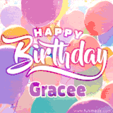 A vibrant name GIF featuring colorful balloons in shades of pink, orange, and yellow with the bold text 'Happy Birthday Gracee' in festive fonts, creating a lively birthday vibe.