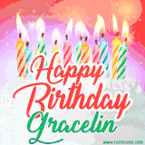 Bright birthday candles with rainbow flames on a cake, alongside the text 'Happy Birthday Gracelin' in vibrant script in this celebratory animated GIF.