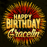 Golden 'Happy Birthday Gracelin' text accompanied by animated rainbow fireworks for a festive animated greeting.