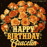 Animated bouquet of orange roses with moving butterfles and golden 'Happy Birthday Gracelin' text, surrounded by sparkling accents and a dark backdrop for a luxurious feel.