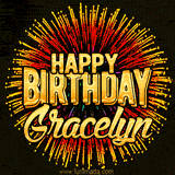 Golden 'Happy Birthday Gracelyn' text accompanied by animated rainbow fireworks for a festive animated greeting.