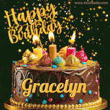 A delightful chocolate birthday cake with bright candles and 'Happy Birthday Gracelyn' written in gold amidst a shower of animated stars.