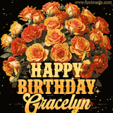 Animated bouquet of orange roses with moving butterfles and golden 'Happy Birthday Gracelyn' text, surrounded by sparkling accents and a dark backdrop for a luxurious feel.