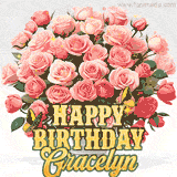Golden 'Happy Birthday Gracelyn' text beneath a vibrant bouquet of orange roses, complete with glittering butterflies and sparkling details.