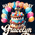 Hand-drawn happy birthday cake adorned with an arch of colorful balloons - name GIF for Gracelyn