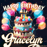 Bright birthday animation for Gracelyn with a chocolate cake, candles, balloons, and glowing celebratory lights.