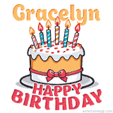 Cartoon birthday cake with a red bow, glowing candles, and 'Gracelyn Happy Birthday' text in bold animated style.