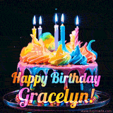 A mesmerizing animated cake with multicolor frosting and candles, and the words 'Happy Birthday Gracelyn' on the black background.