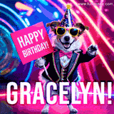 Animated GIF of a cool dog wearing a suit and sunglasses, holding a 'Happy Birthday' sign for Gracelyn, set against a bright and colorful neon party background.