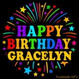 Personalized greeting card with name, colorful text that says 'Happy Birthday Gracelyn' surrounded by animated fireworks and multicolor stars