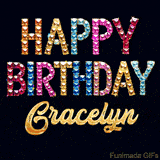 Vibrant luxury birthday greeting card for Gracelyn, showing glittering gemstone letters and golden calligraphy on a dark background with twinkling shine effects.