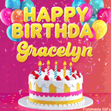 Pink-themed animated greeting with balloons, confetti, and a frosted cake under the message 'Happy Birthday Gracelyn' in bold rounded yellow font.